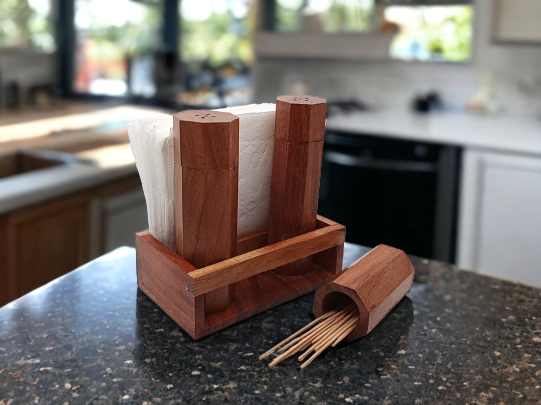 Wooden Napkin Holder with Salt and Pepper Shakers