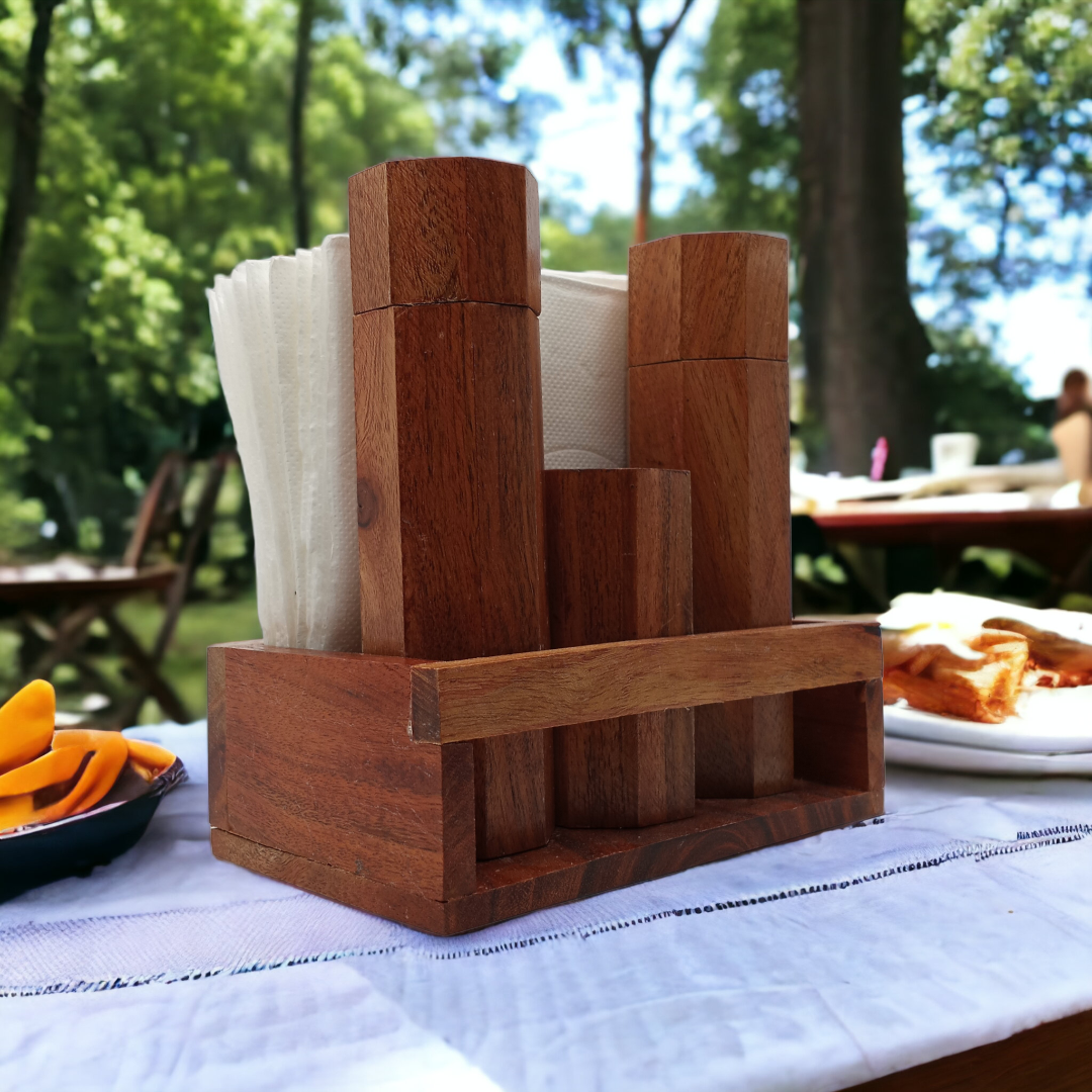 Wooden Napkin Holder with Salt and Pepper Shakers