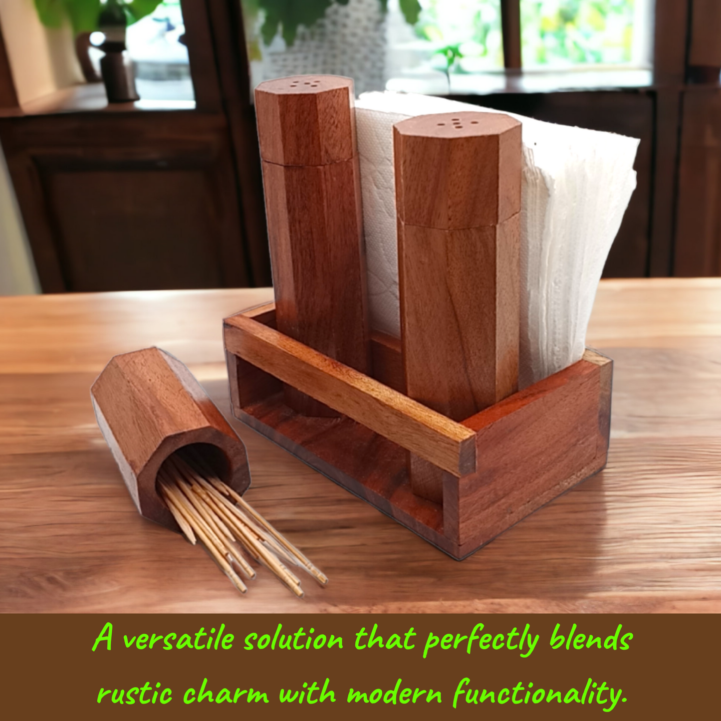 Wooden Napkin Holder with Salt and Pepper Shakers