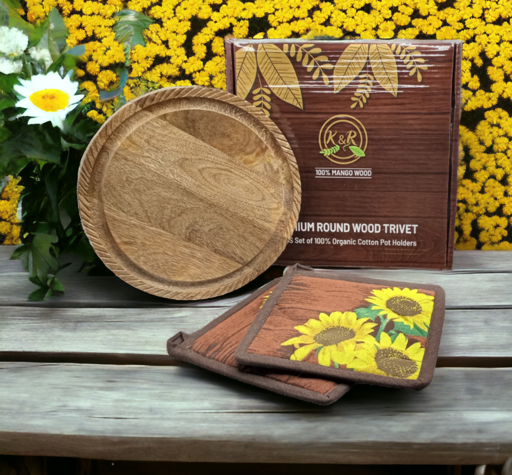 Mango Wood Trivet with Sunflower Hot Pads