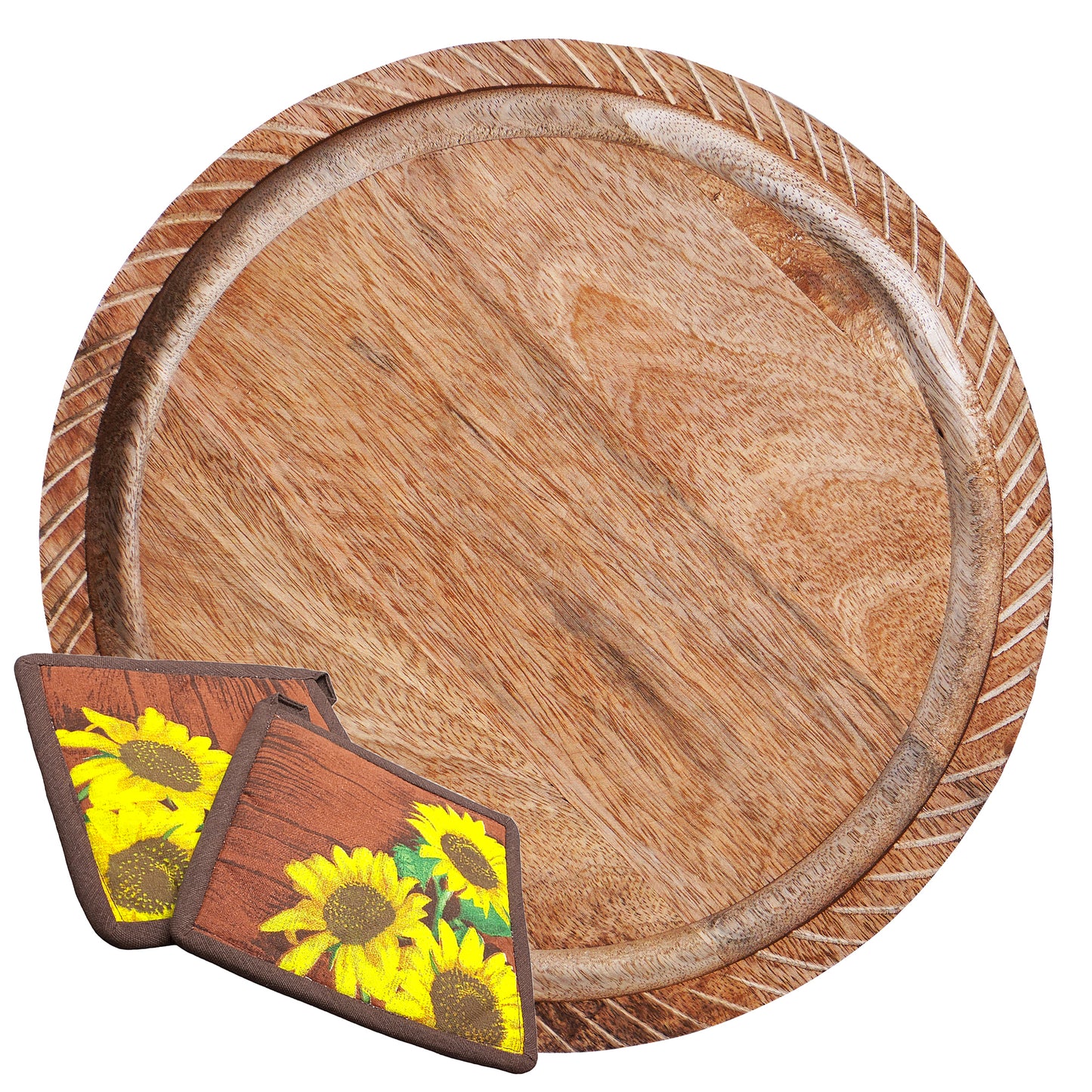 Mango Wood Trivet with Sunflower Hot Pads